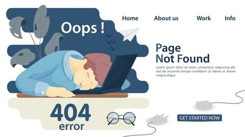 Banner oops 404 error page not found man man fell asleep in front of laptop f Stockillustratie