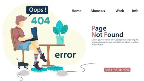 Banner oops 404 error page not found man man sitting on chair with laptop for Stockillustratie