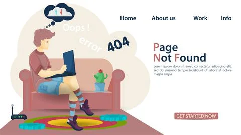 Banner oops 404 error page not found man man sitting on the couch with a lapt Stockillustratie