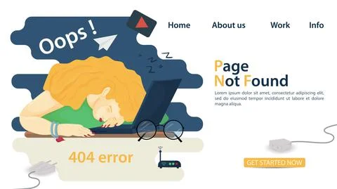 Banner oops 404 error page not found man woman fell asleep in front of laptop Stockillustratie