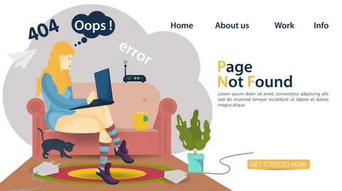 Banner oops 404 error page not found man woman sitting on sofa with laptop an Stockillustratie