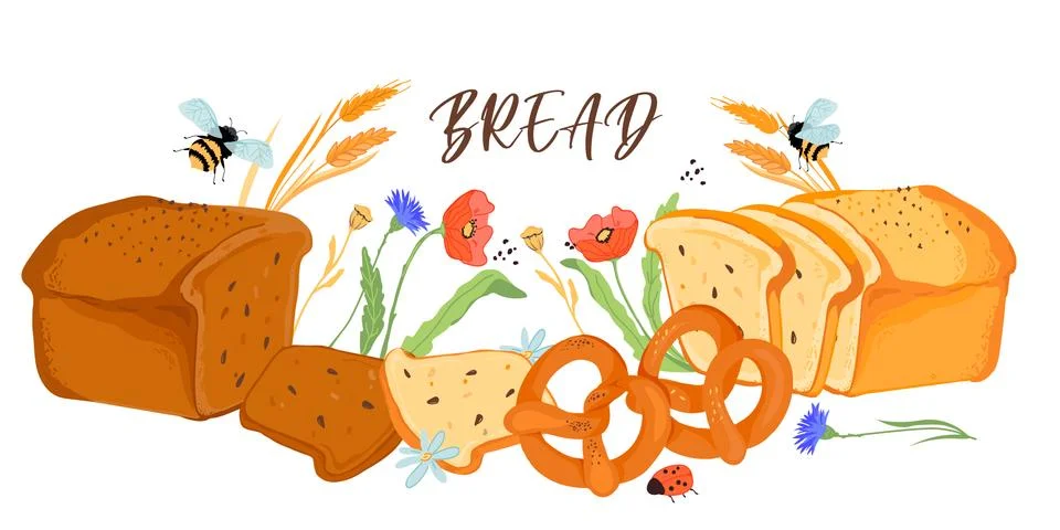 Banner or poster template with bread and plants natural elements, flat vector. Stock Illustration
