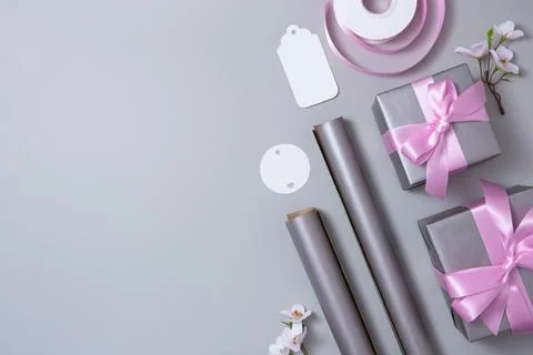 Banner with packaging materials on gray background. Copyspace. Stock Photos