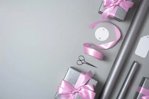 Banner with packaging materials on light gray background. Place for your text Foto stock