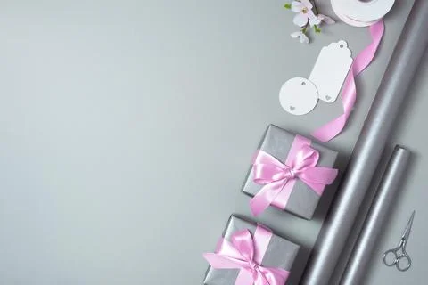 Banner with packaging materials on light gray background. Copyspace. Stock Photos