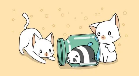 Banner of panda inside the bottle with 2 kawaii cats in cartoon style Stock Illustration
