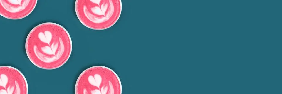 Banner with pattern with cup of trendy beetroot latte on table. Stock Illustration