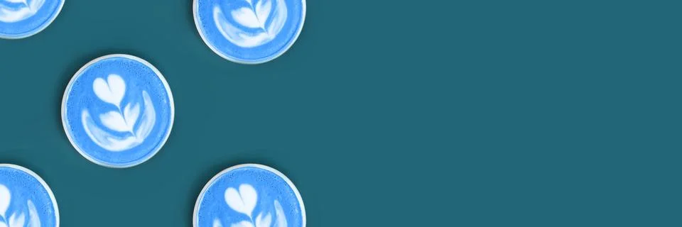Banner with pattern with fresh flavored blue matcha art is on the cafe's table. Stock Illustration
