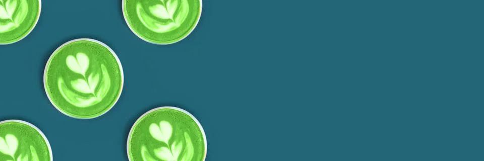 Banner with pattern with fresh flavored green matcha art is on the cafe's table. Stock Illustration