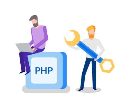 Banner PHP Two Working Men with wrench Vector Stock Illustration