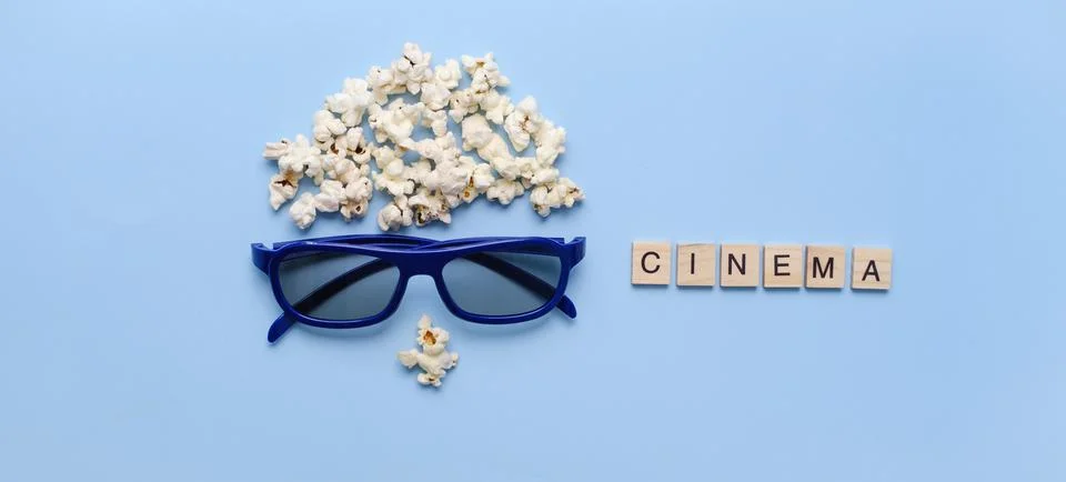 Banner Pop Corn face, 3D glasses on blue background. Watch Movie free time Stock Photos