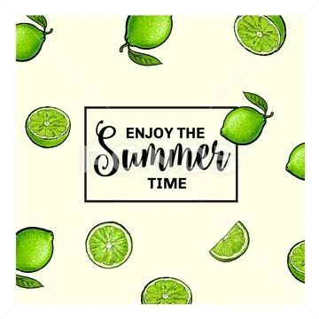 Banner, postcard design with limes background and Enjoy Summer lettering Stock Illustration