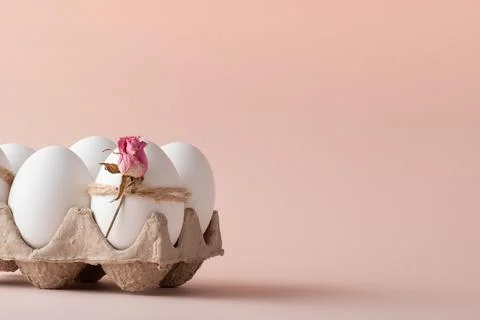 Banner postcard with Easter eggs and eco-decor of dried roses on a beige Stock Photos