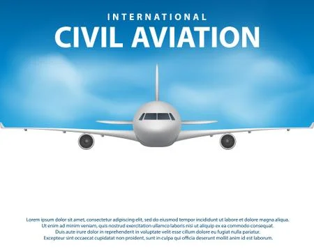 Banner, poster, flyer with Airplane background. Plane in blue sky, civil Stock Illustration