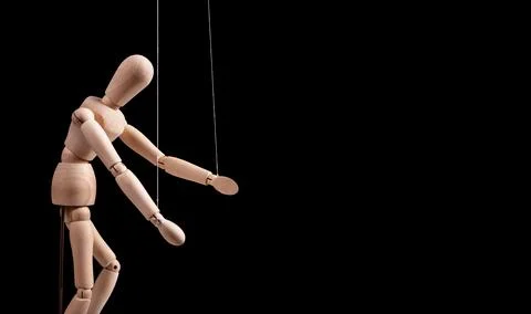 Banner with puppet on strings. Authority, domination, influence or addiction Stock Photos