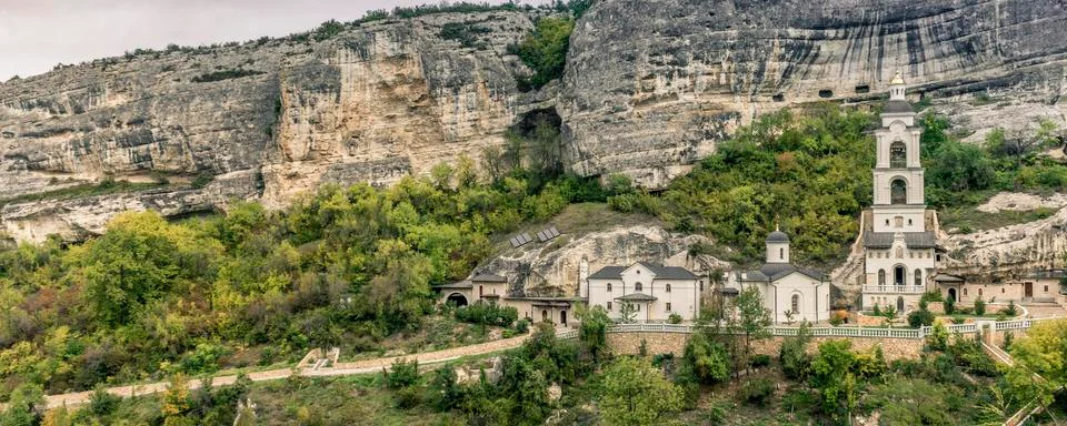 Banner Republic of Crimea, Bakhchisaray, Holy Dormition male cave monastery Stock Photos