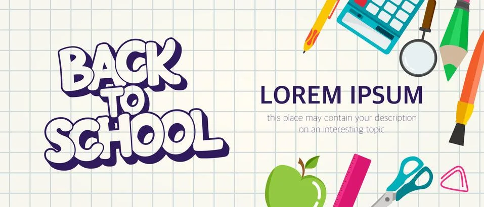 A banner on a school theme on a notebook sheet in a cage. The inscription back Stock Illustration
