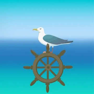Banner with seagull on the sea background. Vector illustration. Stock Illustration