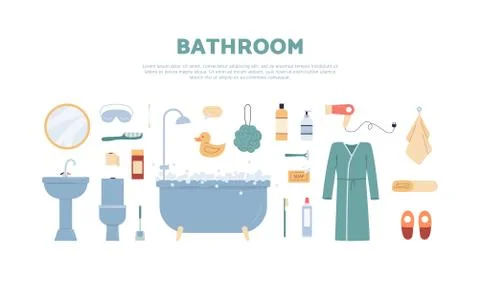 Banner with set cartoon elements for bathroom a vector illustration Stock Illustration