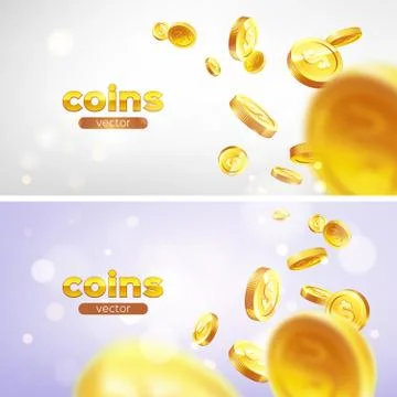 Banner set Realistic Gold coins flying. Color background. Stock Illustration