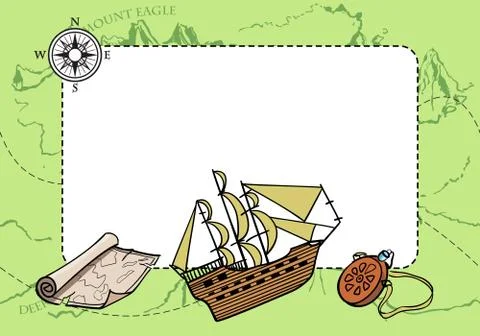 The banner with ship, compass, flask and map. Vector Stock Illustration