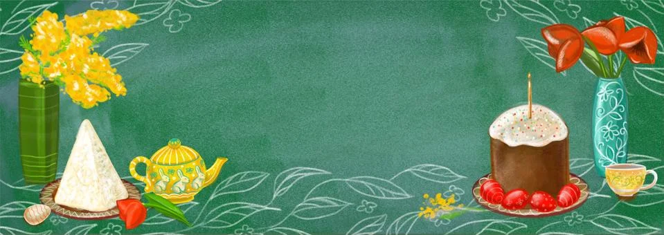 Banner with space for the title. Easter holiday table, tea party. A heartfelt Stock Illustration