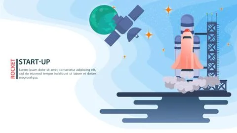 Banner Sputnik in space on the background of planets watching the launch of t Stock Illustration