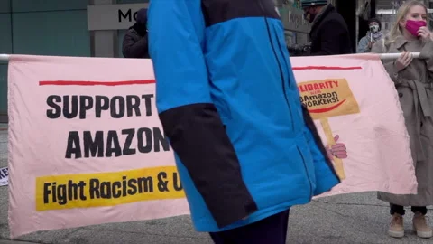 Banner supports Amazon warehouse workers in Alabama to unionize. Stock Footage 317549514