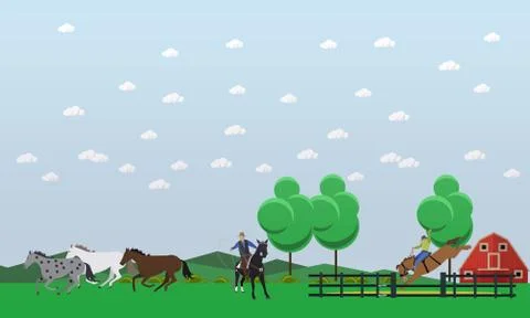 Banner of taming horses theme, flat design Stock Illustration