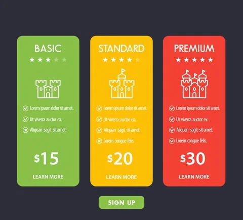 Banner for tariffs, set of pricing table, boxes Stock Illustration