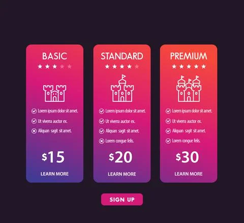 Banner for tariffs, set of pricing table and boxes Stock Illustration