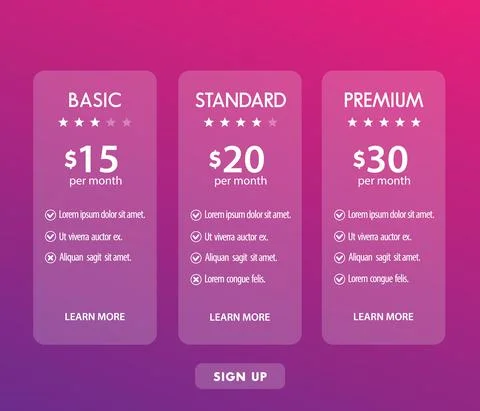 Banner for tariffs, set of pricing table Stock Illustration