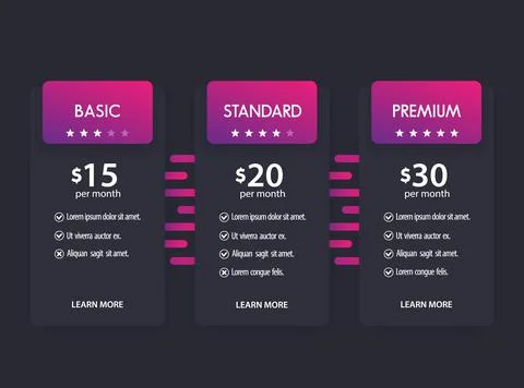 Banner for tariffs, set of vector pricing table, boxes Stock Illustration