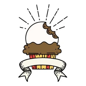 Banner with tattoo style cupcake with missing bite Illustrazione stock