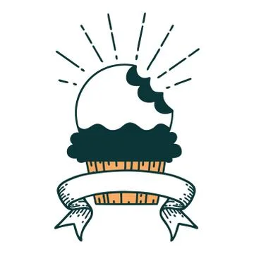 Banner with tattoo style cupcake with missing bite Stock Illustration