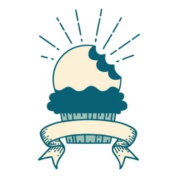 Banner with tattoo style cupcake with missing bite Stock Illustration
