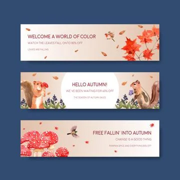 Banner template with autumn forest and animals concept design for brochure an Stock Illustration