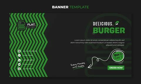 Banner template in black background with simple pattern and flat burger desig Stock Illustration