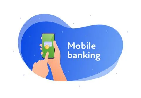 Banner template with copy space. Hands hold phone. Credit card and money sign Stock Illustration