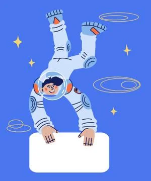 Banner template on cosmos exploring topic with astronaut holding board for te Stock Illustration