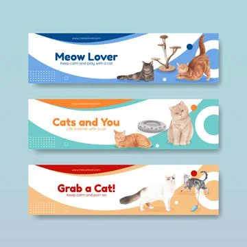 Banner template with cute cat concept watercolor illustration Stock Illustration