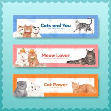 Banner template with cute cat concept watercolor illustration Stock Illustration
