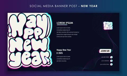 Banner template in dark background with liquid typography of happy new year Stock Illustration