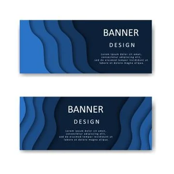 Banner template with dark blue waves in paper cut style. Banner design for your Illustrazione stock