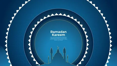 Banner template design with mosque, circle ribbon celebration, with blue gr.. Stock Illustration