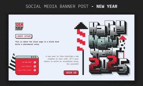 Banner template design with pixel typography of happy new year and firework.. Stock Illustration