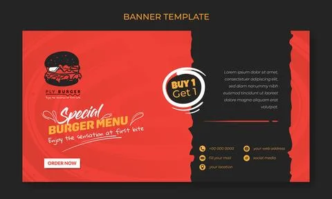 Banner template design with red and black background with burger icon desig.. Stock Illustration