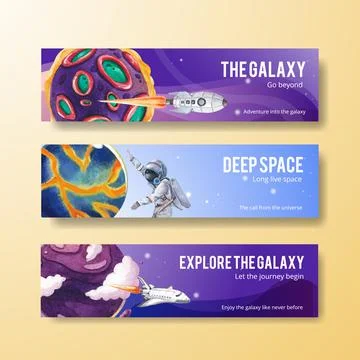 Banner template with galaxy concept design watercolor illustration Stock Illustration