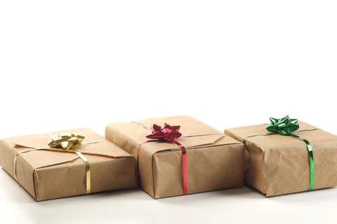Banner template from gift boxes, covered by brown craft paper 스톡 사진