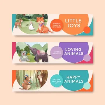 Banner template with happy animals concept design watercolor illustration Stock Illustration